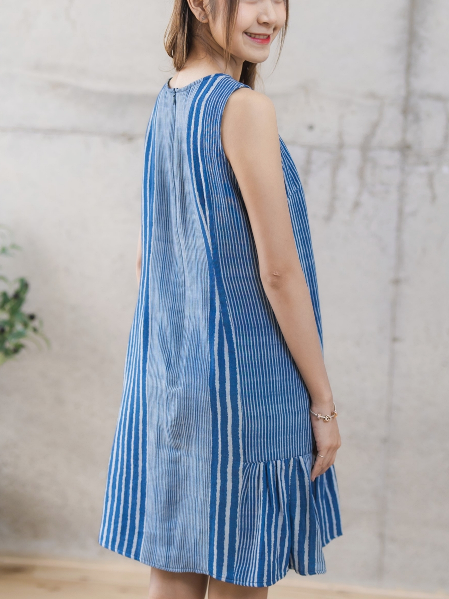 Candith｜Natural Cotton Side Pockets and Patchwork Indigo Dress