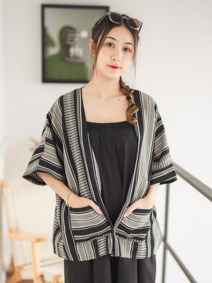 Candith｜Natural Cotton Black Kimono Outerwear