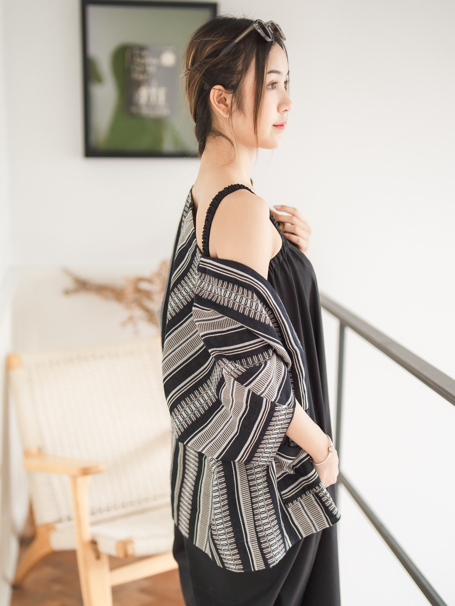 Candith｜Natural Cotton Black Kimono Outerwear