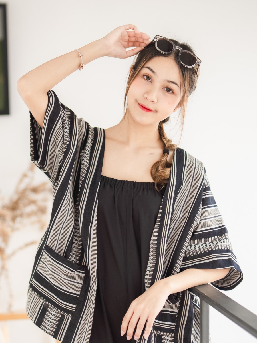 Candith｜Natural Cotton Black Kimono Outerwear